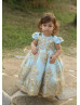 Gold Lace Sky Blue Tulle Fancy Flower Girl Dress